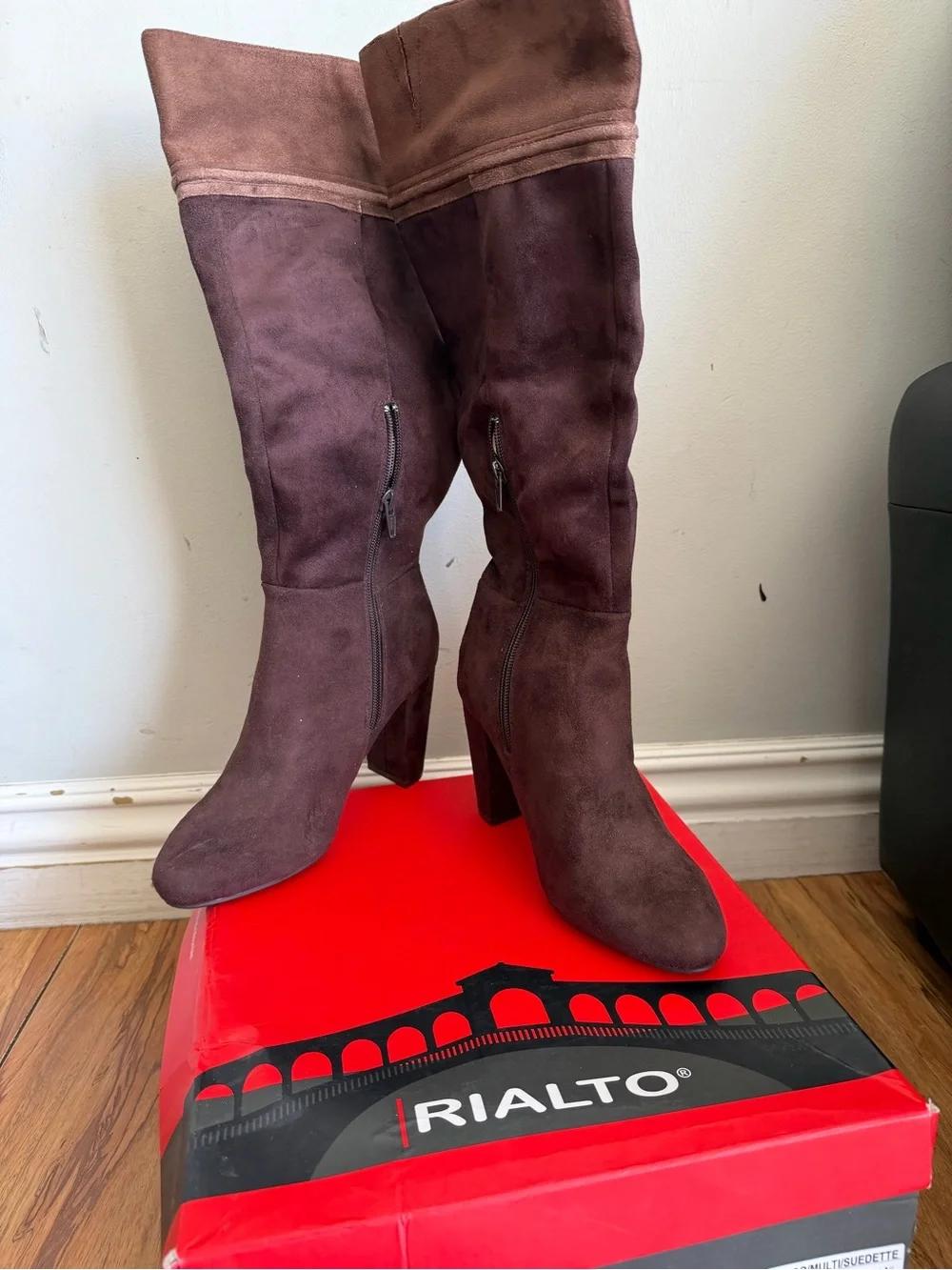 Rialto Two-Tone Espresso Over-the-Knee Suede Boots